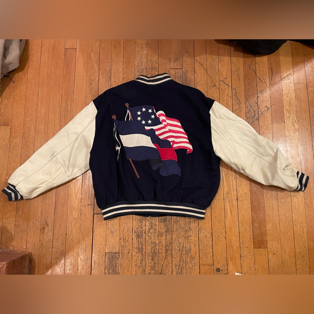 Men's East West Flag Wool Leather Navy and Cream Varsity Jacket